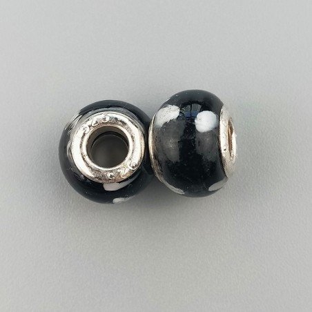 Perlina foro largo nero con macchie bianche 13.5x8.5mm 1pz