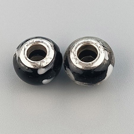 Perlina foro largo nero con macchie bianche 13.5x8.5mm 1pz