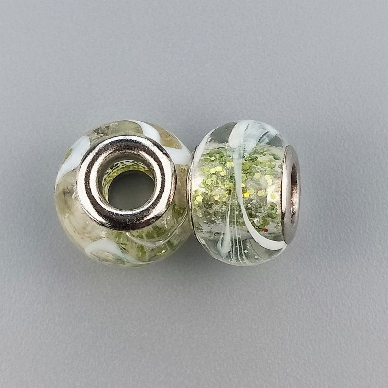 Perlina foro largo trasparente con riflessi verdi e disegno di erba bianca 13.5x8.5mm1pz