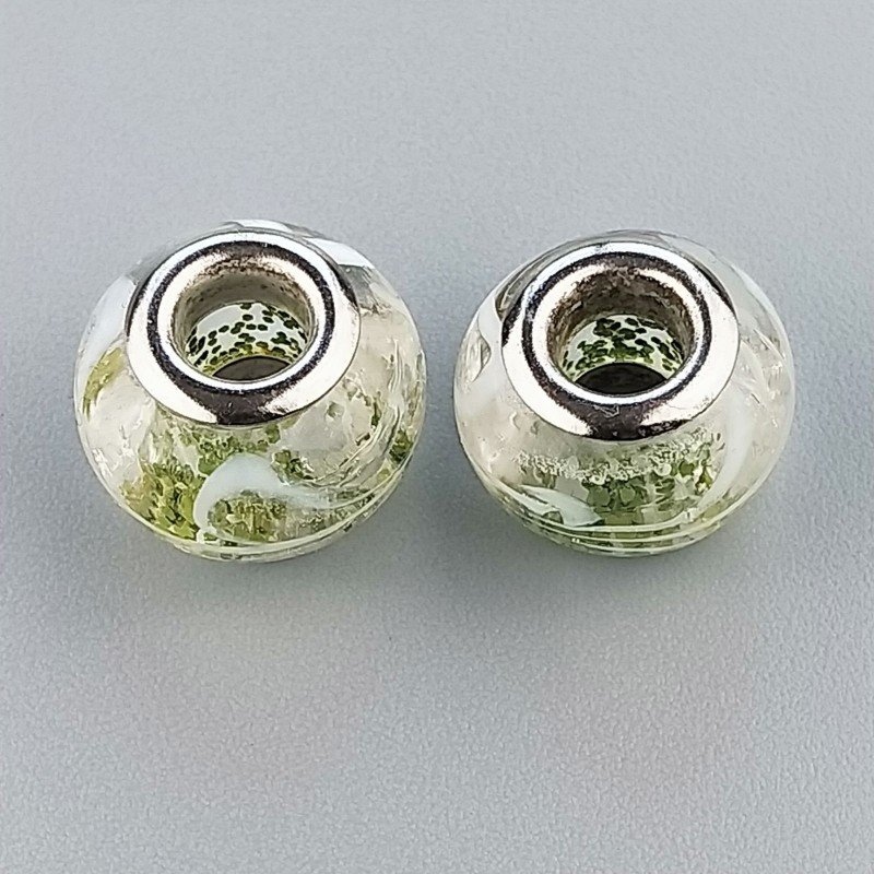 Perlina foro largo trasparente con riflessi verdi e disegno di erba bianca 13.5x8.5mm1pz