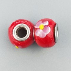 Perlina foro largo rosso con fiore rosa 13.5x8.5mm 1pz