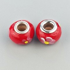 Perlina foro largo rosso con fiore rosa 13.5x8.5mm 1pz