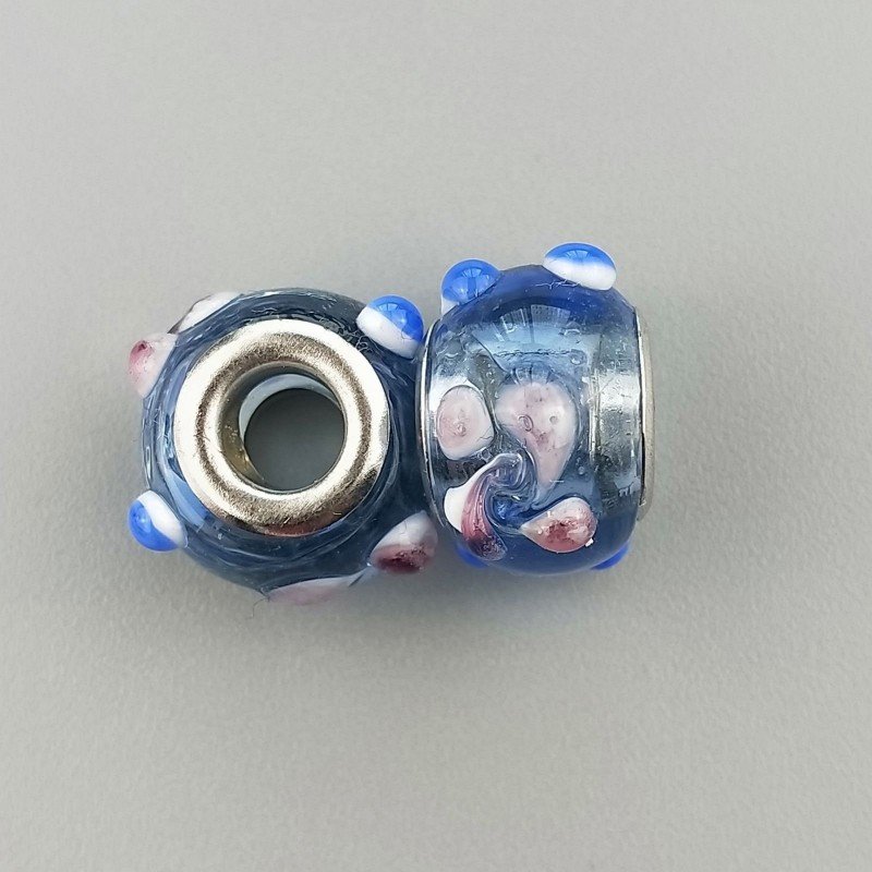 Perlina foro largo blu trasparente con glitter e pois rosa blu 13.5x8.5mm 1pz