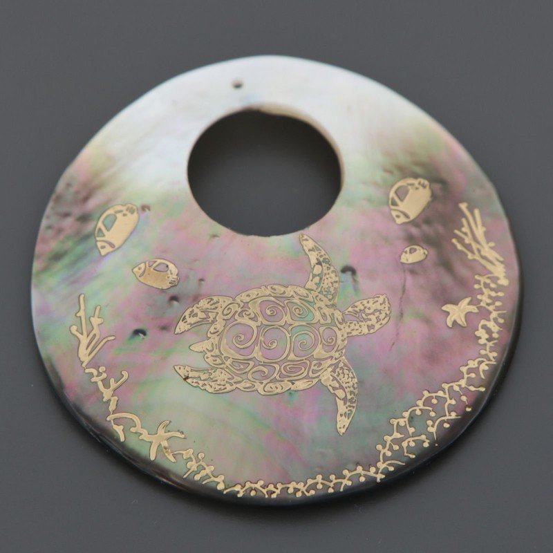 Componente Di Madreperla Tondo 50 mm Tartaruga Marina E Pesci Dorati filigrana 1pz Componente Di Madreperla Tondo 50 mm Tartaruga Marina E Pesci Dorati filigrana 1pz