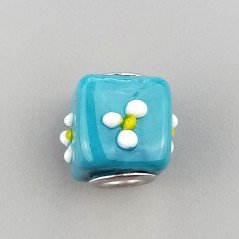 Perlina foro largo quadrato blu con puntini gialli bianchi 13.5x8.5mm 1pz