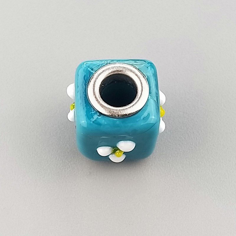 Perlina foro largo quadrato blu con puntini gialli bianchi 13.5x8.5mm 1pz