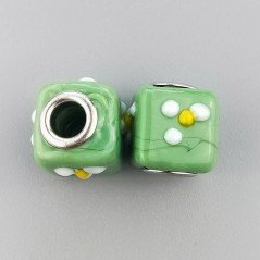 Perlina foro largo quadrato verde oliva con puntini gialli bianchi 13.5x8.5mm 1pz