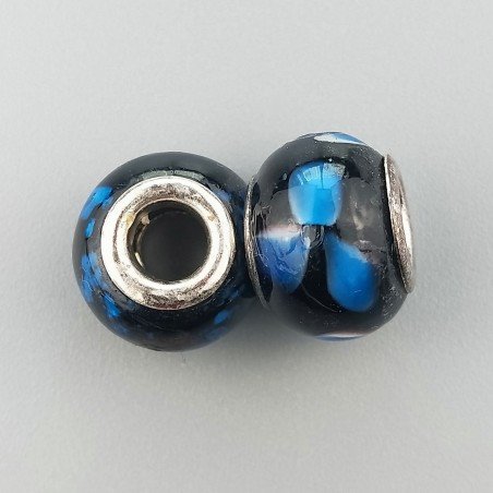 Perlina foro largo nero con puntini blu 13.5x8.5mm 1pz