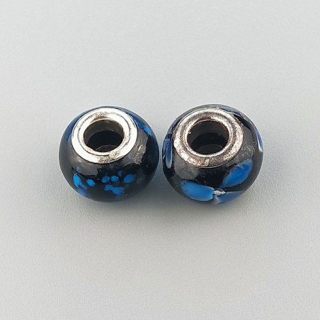 Perlina foro largo nero con puntini blu 13.5x8.5mm 1pz