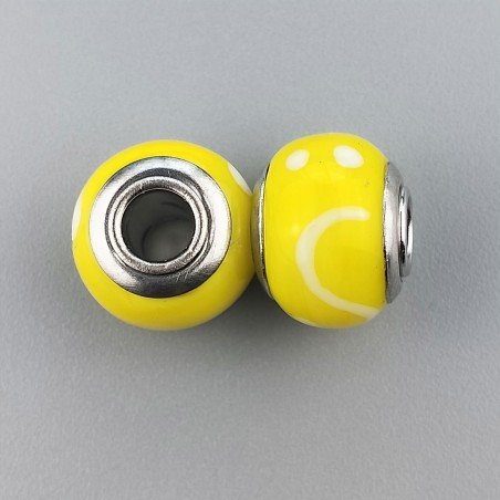 Perlina foro largo giallo flurocent con disegno bianco su di esso 13.5x8.5mm 1pz