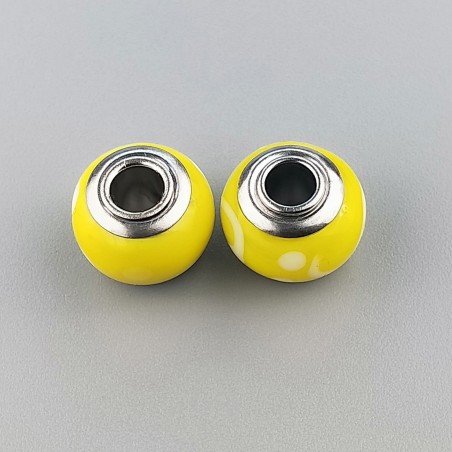 Perlina foro largo giallo flurocent con disegno bianco su di esso 13.5x8.5mm 1pz