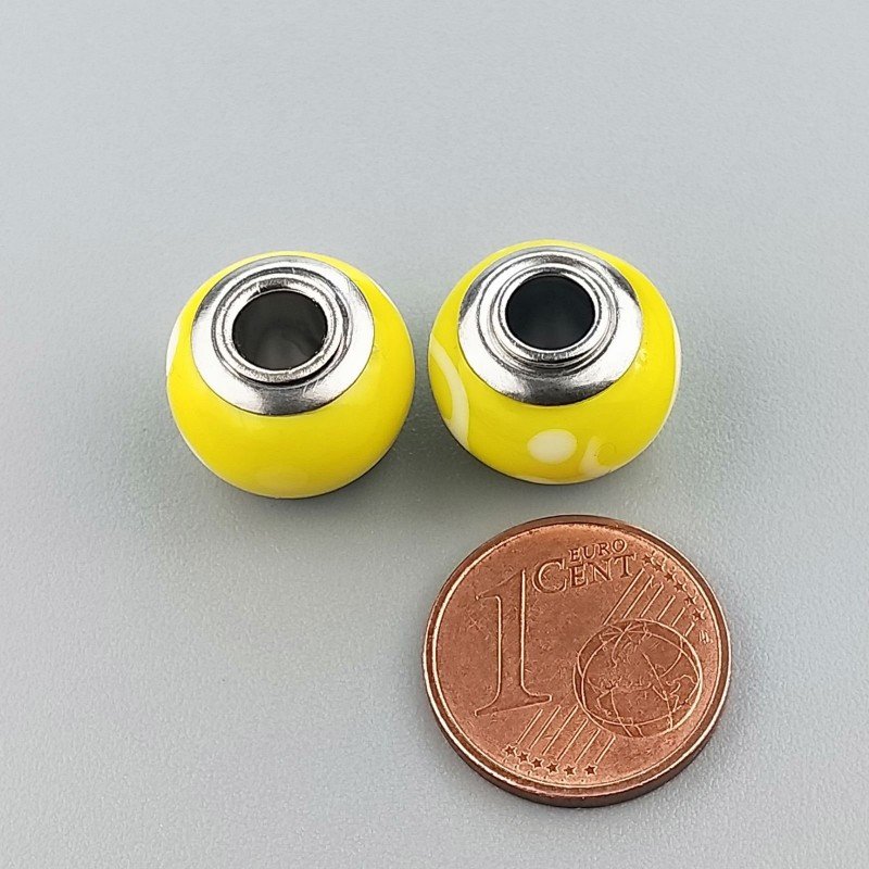 Perlina foro largo giallo flurocent con disegno bianco su di esso 13.5x8.5mm 1pz