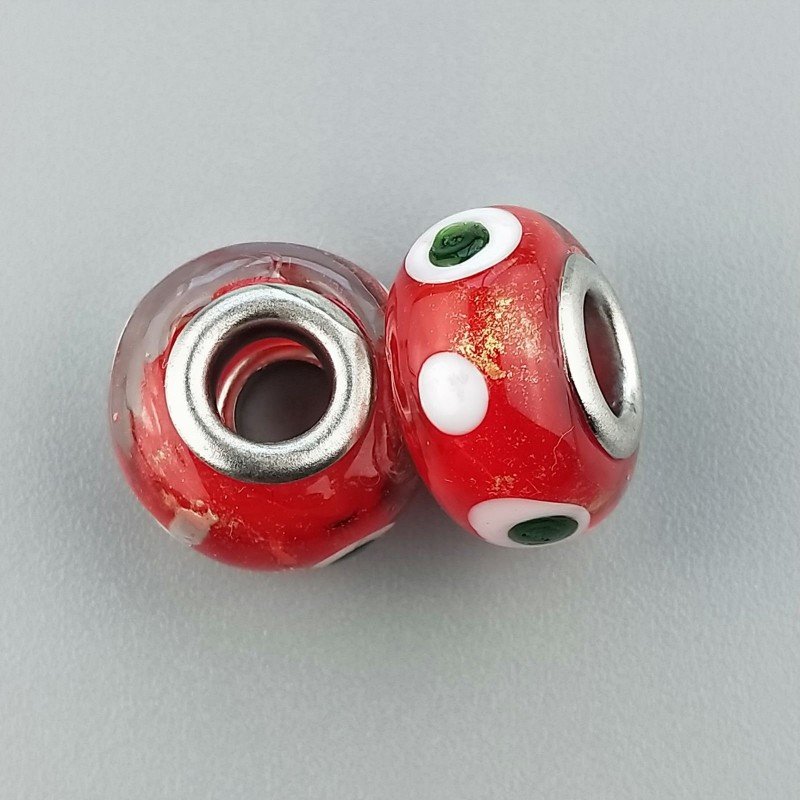 Perlina foro largo rosso con glitter dorati e puntini verdi bianchi su di esso 13.5x8.5mm 1pz