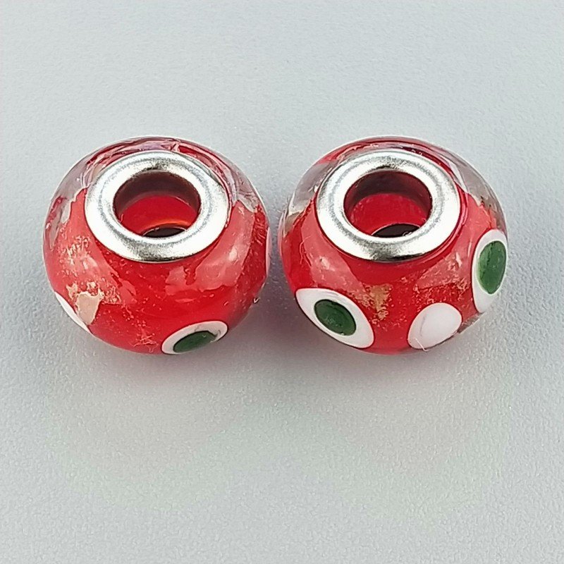 Perlina foro largo rosso con glitter dorati e puntini verdi bianchi su di esso 13.5x8.5mm 1pz
