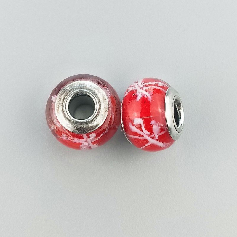 Perlina foro largo rosso con lavoro bianco su di esso 13.5x8.5mm 1pz