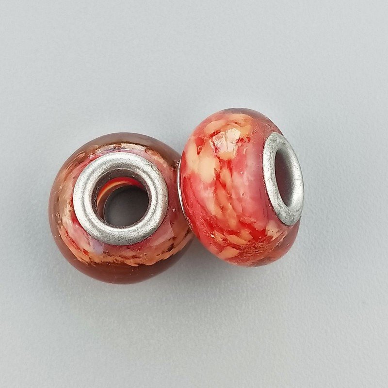 Perlina foro largo rosso con macchie beige su di esso 13.5x8.5mm 1pz
