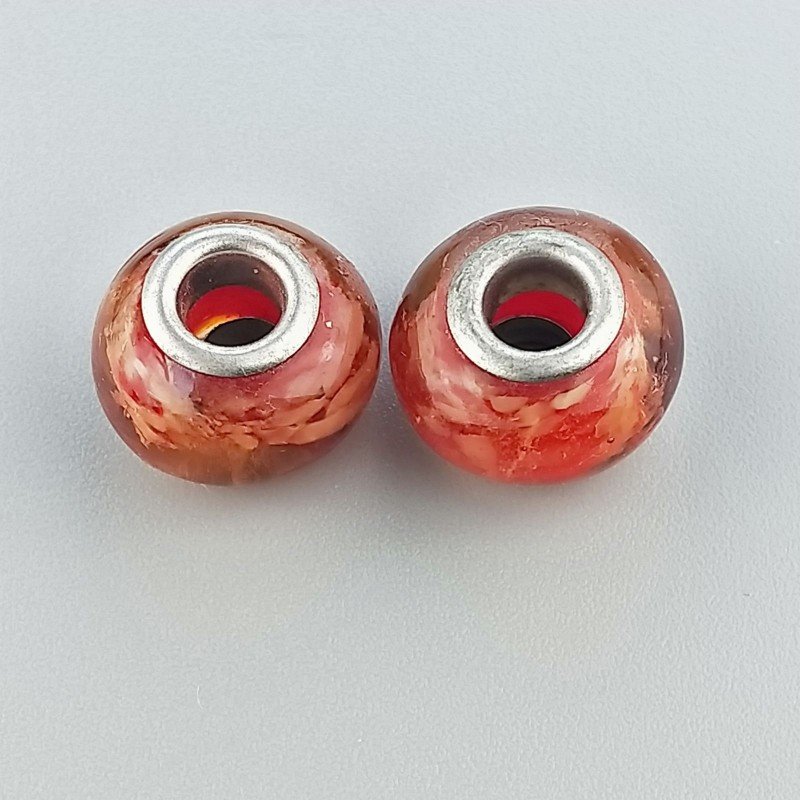 Perlina foro largo rosso con macchie beige su di esso 13.5x8.5mm 1pz