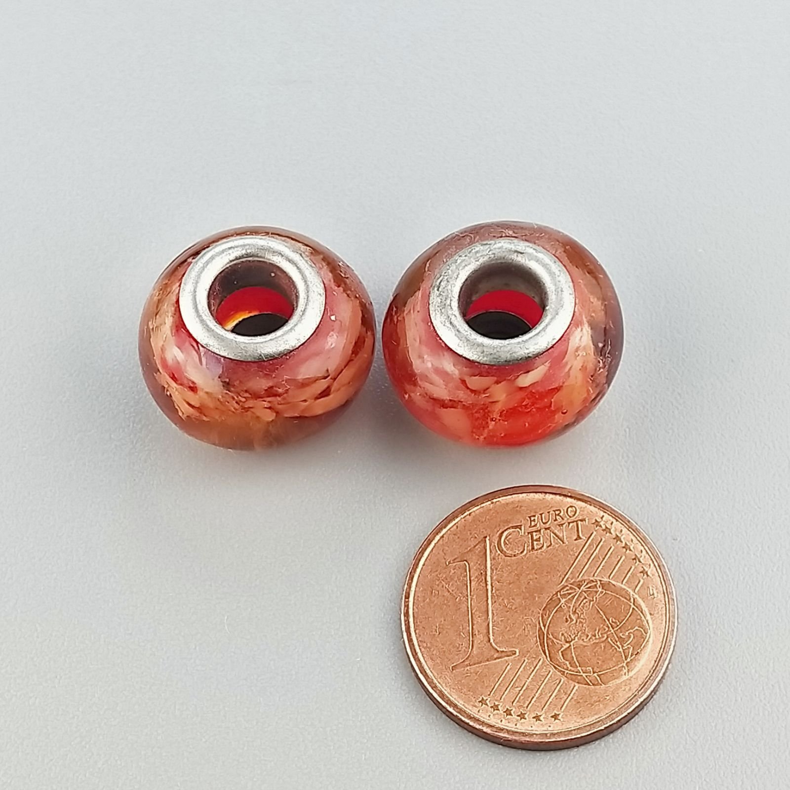 Perlina foro largo rosso con macchie beige su di esso 13.5x8.5mm 1pz