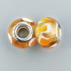 Perlina foro largo colore canarino trasparente con pois bianchi arancio 13.5x8.5mm 1pz