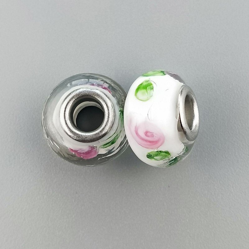 Perlina foro largo pietra bianca con stampa floreale 13.5x8.5mm 1pz