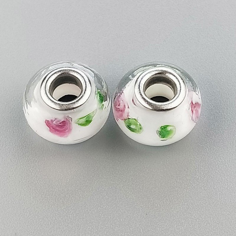 Perlina foro largo pietra bianca con stampa floreale 13.5x8.5mm 1pz