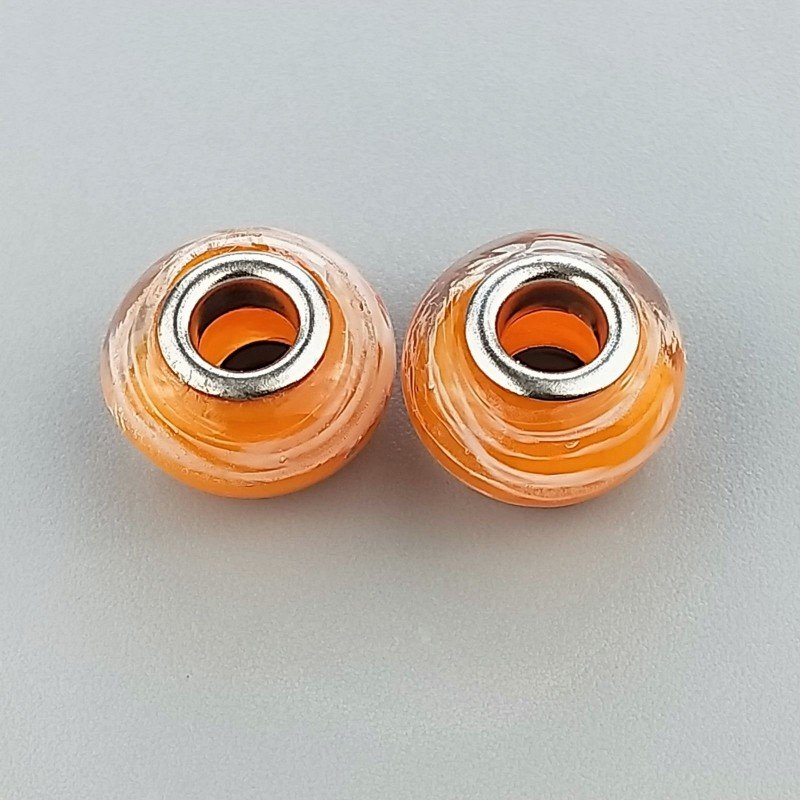 Perlina foro largo pietra arancione con onde bianche 13.5x8.5mm 1pz