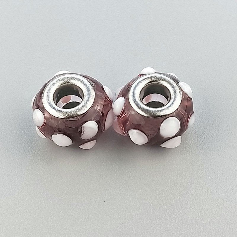 Perlina foro largo pietra rosa trasparente punteggiata bianca 13.5x8.5mm 1pz