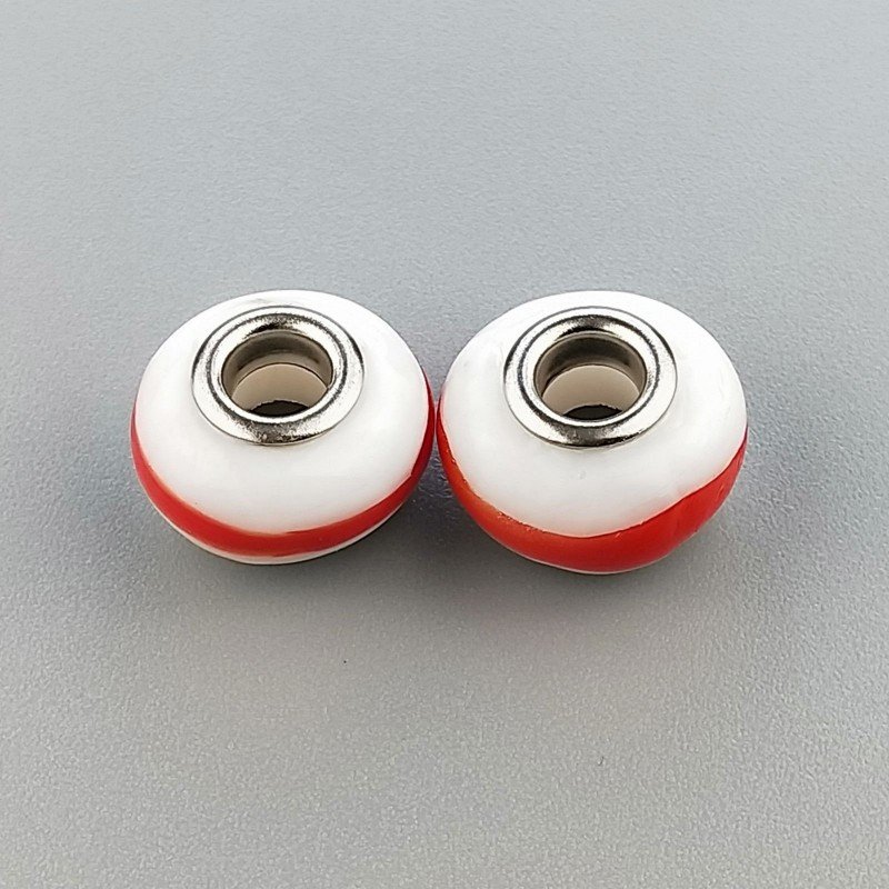 Perlina foro largo bianca con fascia rossa 13.5x8.5mm 1pz