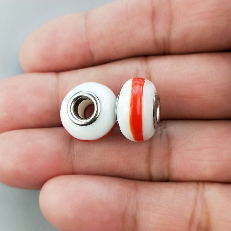 Perlina foro largo bianca con fascia rossa 13.5x8.5mm 1pz