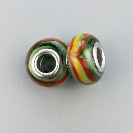 Perlina foro largo onde fiorenti e rosse verde 13.5x8.5mm 1pz
