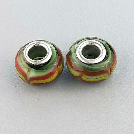 Perlina foro largo onde fiorenti e rosse verde 13.5x8.5mm 1pz