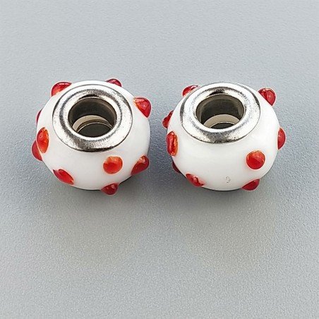 Perlina foro largo puntini rossi su  bianca 13.5x8.5mm 1pz