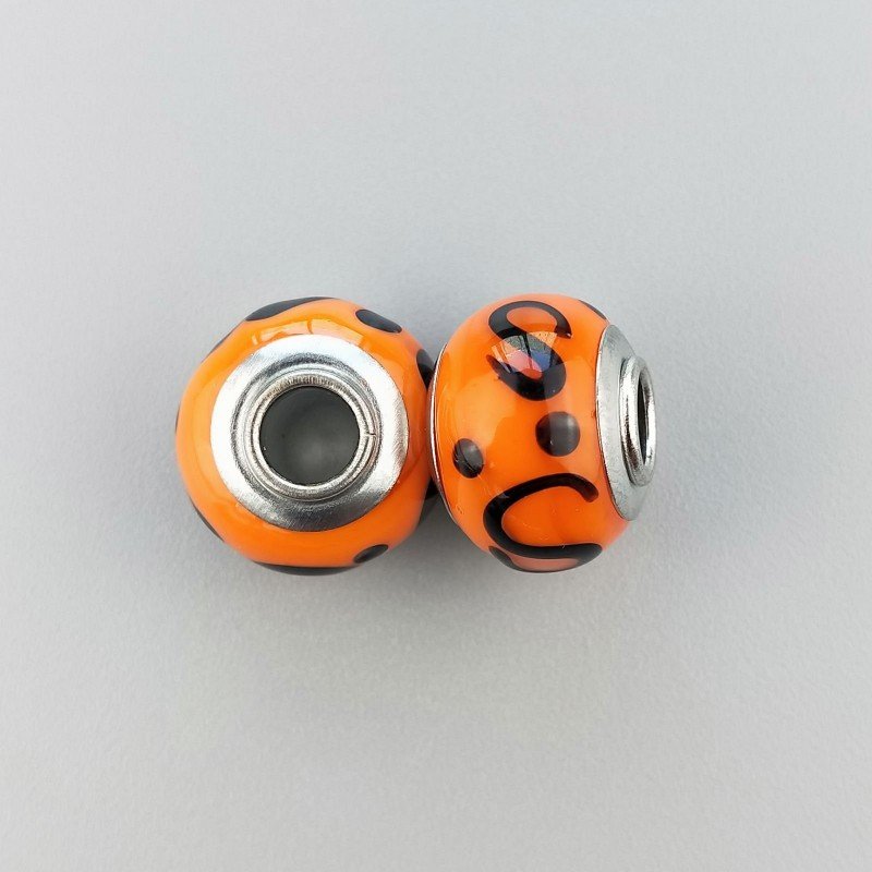 Perlina foro largo design s con nera su arancio 13.5x8.5mm 1pz