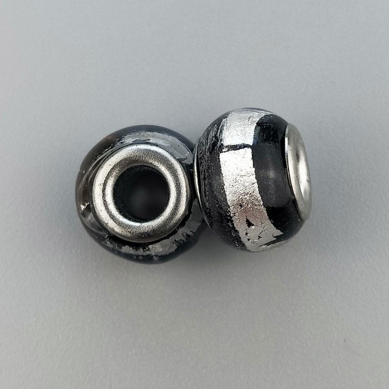 Perlina foro largo nera con spessa fascia d'argento 13.5x8.5mm 1pz