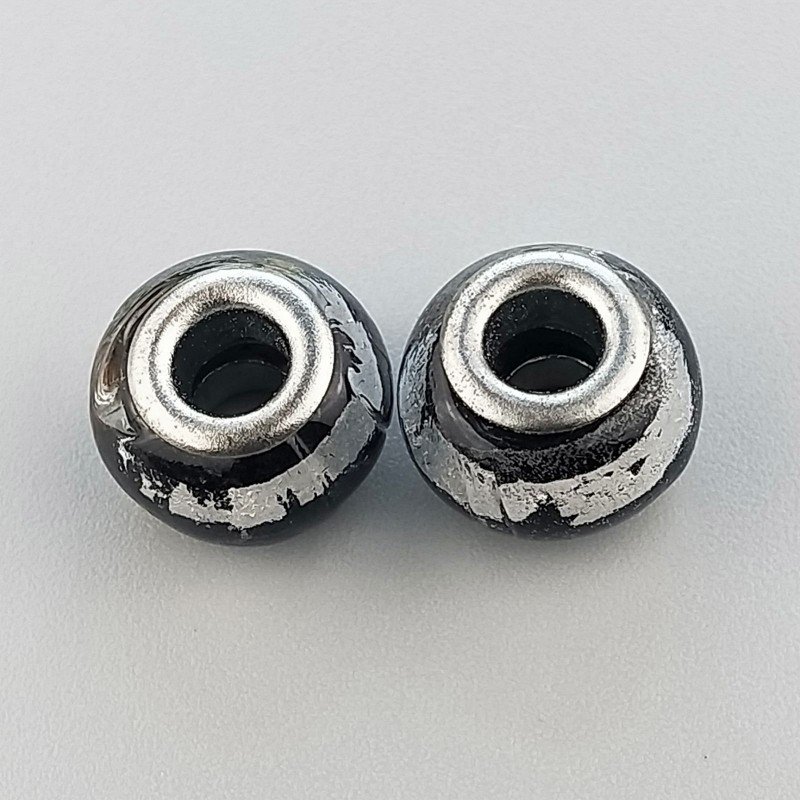 Perlina foro largo nera con spessa fascia d'argento 13.5x8.5mm 1pz