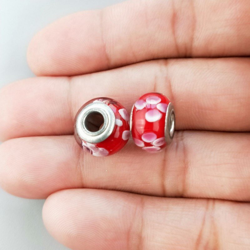 Perlina foro largo rosso con punte bianche 13.5x8.5mm 1pz