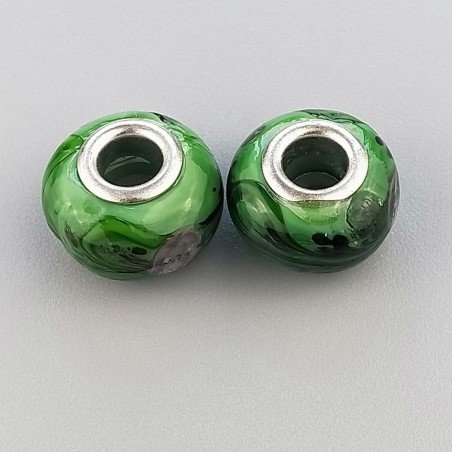 Perlina foro largo verde con disegno foglia nera 13.5x8.5mm 1pz