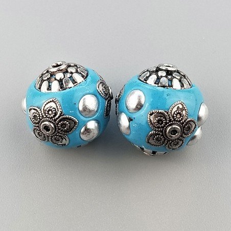 Perlina foro largo Grande perlina blu cielo con fiori d'argento e cerchi fissati su di essa 13.5x8.5mm 1pz