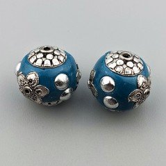 Perlina foro largo Grande perlina blu pavone con fiori d'argento e cerchi fissati su di essa 13.5x8.5mm 1pz