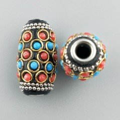 Perlina foro largo forma ovale nera con pietra celeste e rossa fissata su di essa 13.5x8.5mm 1pz