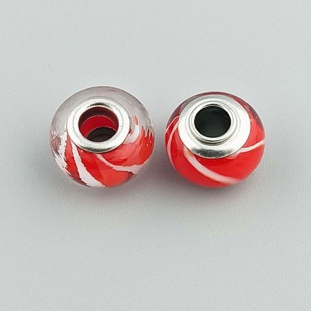 Perlina foro largo tratti bianchi su rosso 13.5x8.5mm 1pz