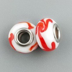 Perlina foro largo tratto di pennello rosso su pietra bianca 13.5x8.5mm 1pz
