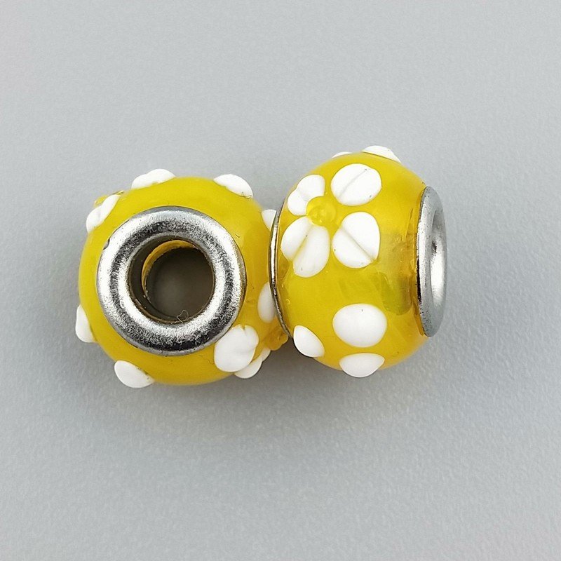 Perlina foro largo puntino disegnato su pietra gialla 13.5x8.5mm 1pz
