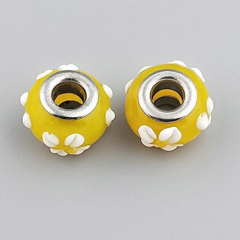 Perlina foro largo puntino disegnato su pietra gialla 13.5x8.5mm 1pz