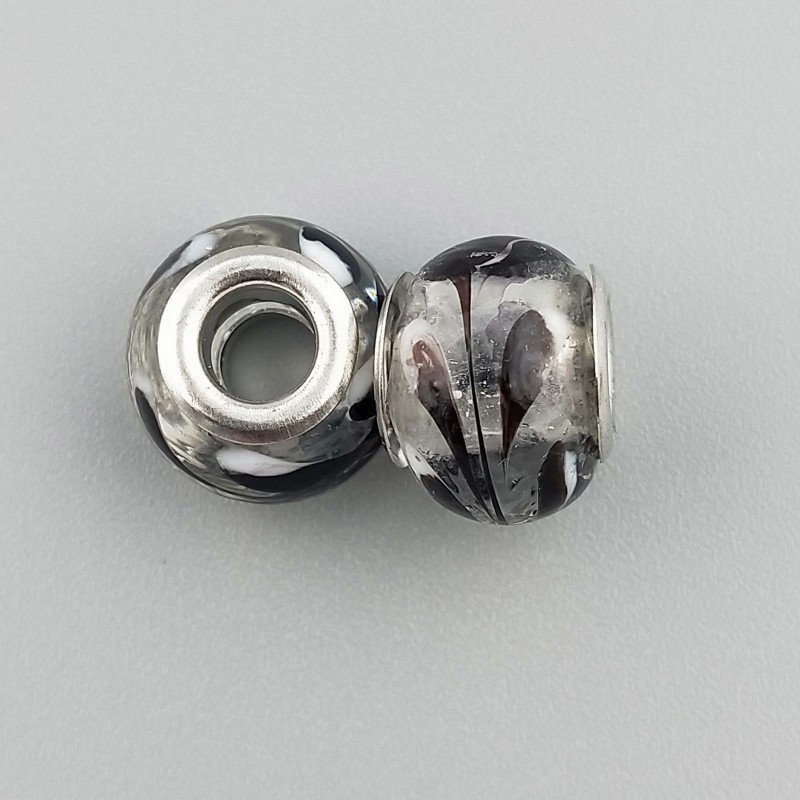 Perlina foro largo arte in bianco e nero su pietra trasparente 13.5x8.5mm 1pz
