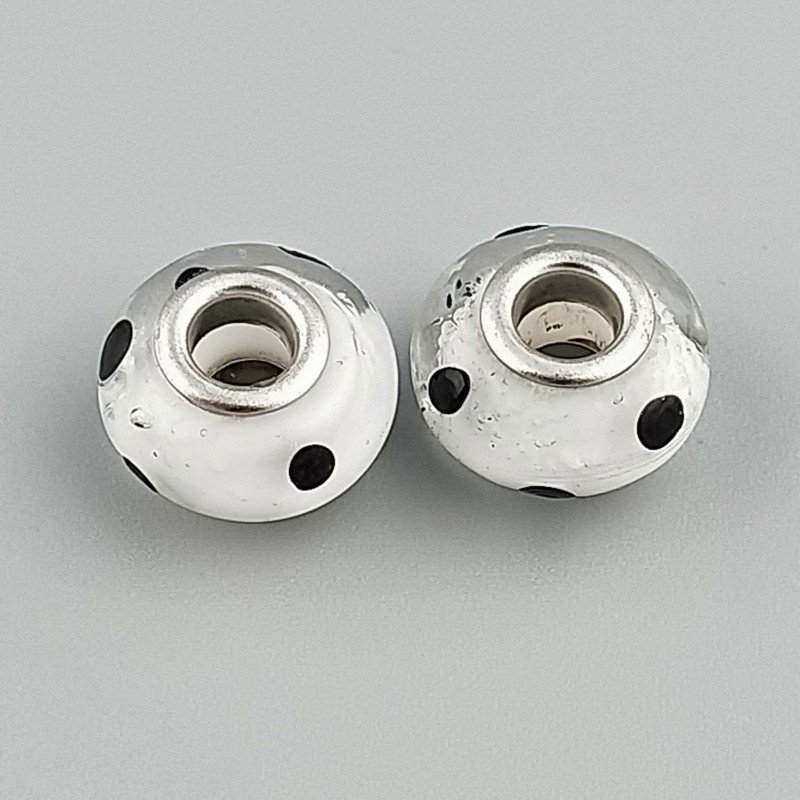 Perlina foro largo pietra trasparente bianca punteggiata nera 13.5x8.5mm 1pz