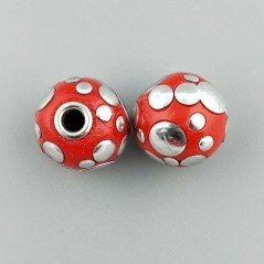 Perlina foro largo rosso con cerchi d'argento su di esso 13.5x8.5mm 1pz