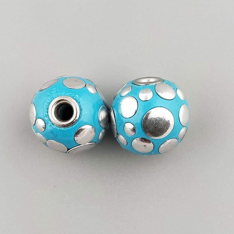 Perlina foro largo azzurro pallido con cerchi d'argento su di esso 13.5x8.5mm 1pz