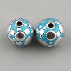 Perlina foro largo grande azzurro pallido con cerchi d'argento su di esso 13.5x8.5mm 1pz