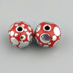 Perlina foro largo grande rosso con cerchi d'argento su di esso 13.5x8.5mm 1pz